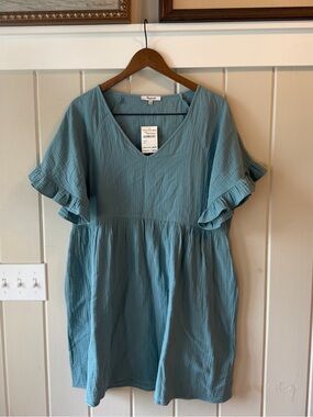 NWT Madewell Teal V-Neck Ruffle Sleeve Dress, Size Large